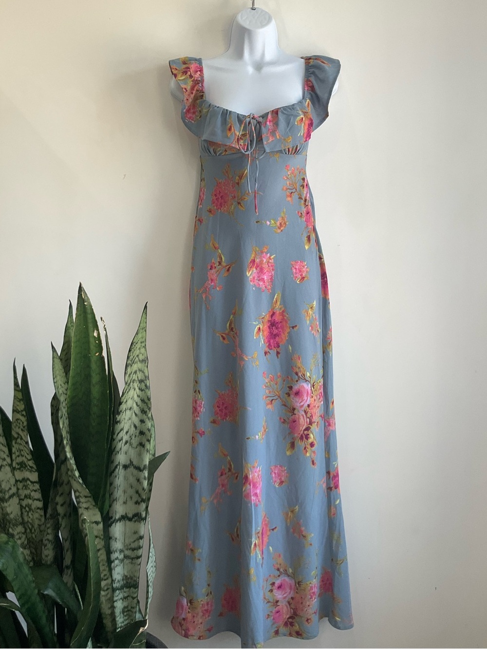 wild fable Dusty Blue Maxi Dress with Pink Floral Print